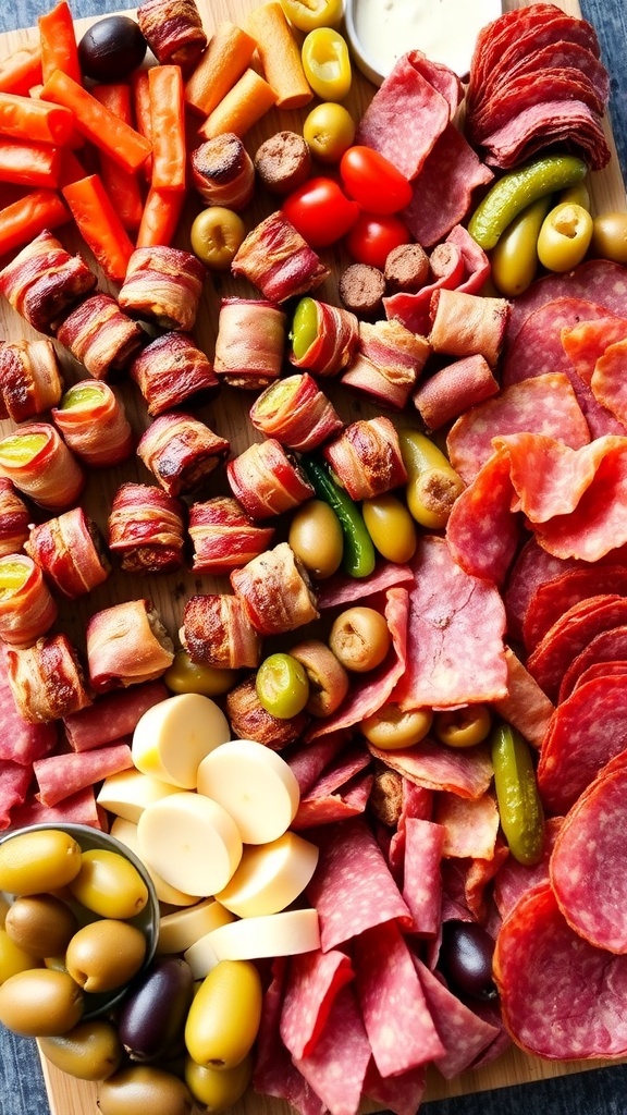 Savory Carnivore Appetizers for Your Next Party A colorful assortment of meat-based appetizers on a platter, including bacon-wrapped meatballs and jalapeño poppers.